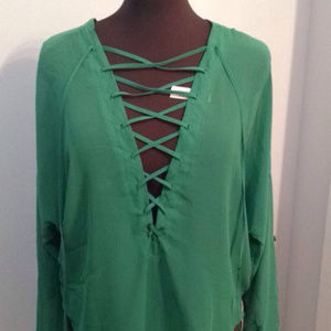 Green Lace Up Blouse